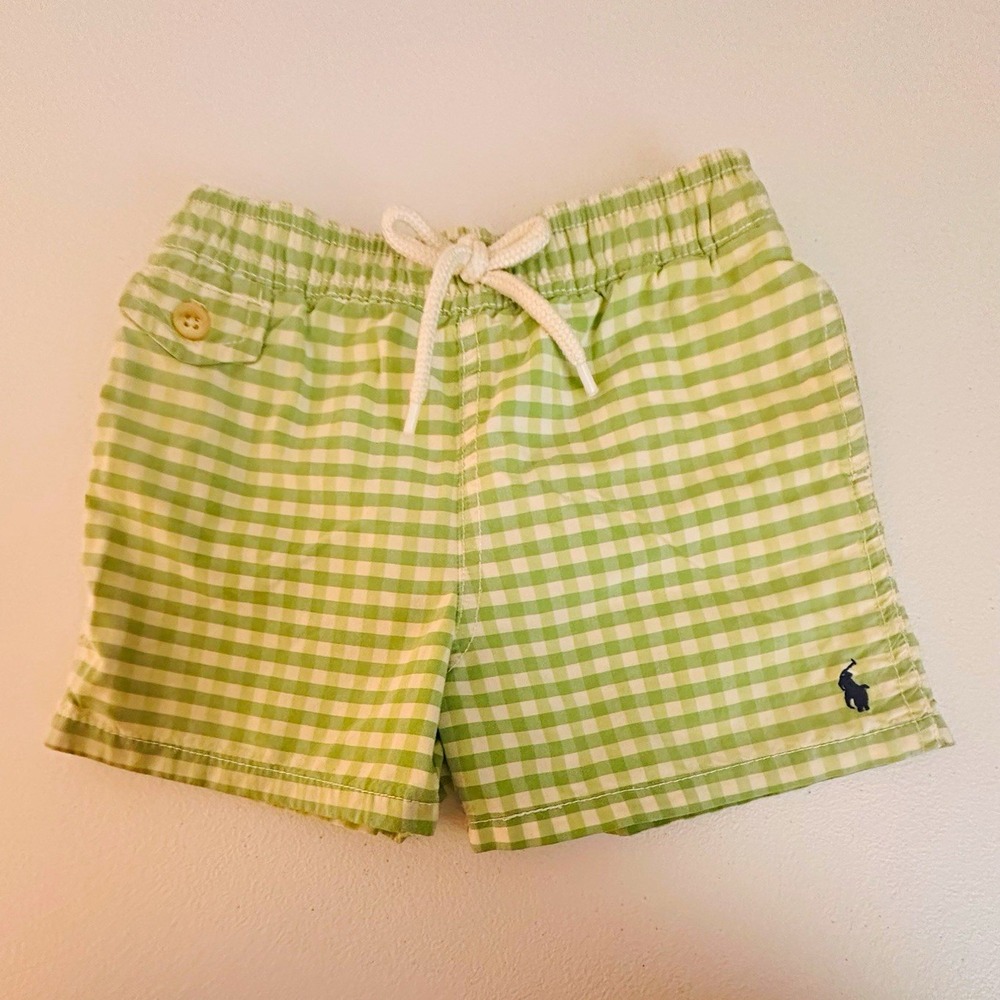 Polo Ralph Lauren Boys Green/White Gingham Swim Trunks Drawstring 18M